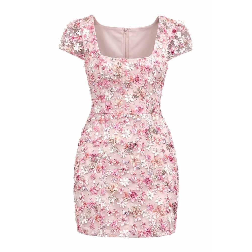 Dress The Population Pink 3D Floral Sequin Mini Dress Sweetheart Cap Sleeve S - Picture 1 of 6